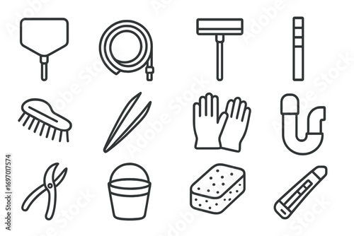 Maintenance Tools Icons. Line style icons of maintenance and cleaning tools: net skimmer, siphon hose, algae scraper, water