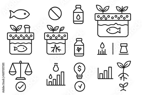 Aquaponics vs Hydroponics Icons. Line style icons of aquaponics versus hydroponics: fish versus no fish icon, nutrient bottle,