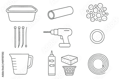 DIY Aquaponics Essentials Icons. Line style icons of DIY aquaponic materials: plastic tub, PVC pipe, clay pebbles, zip ties, drill