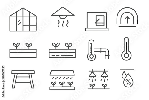 Aquaponics Greenhouse Icons. Line style icons of aquaponics greenhouse setup: glass wall, ceiling ventilation, side window, heat