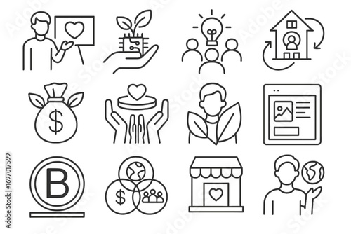 Ethical Startup Icons. Line style icons of ethical startups and ventures: social impact pitch, green tech prototype, inclusive