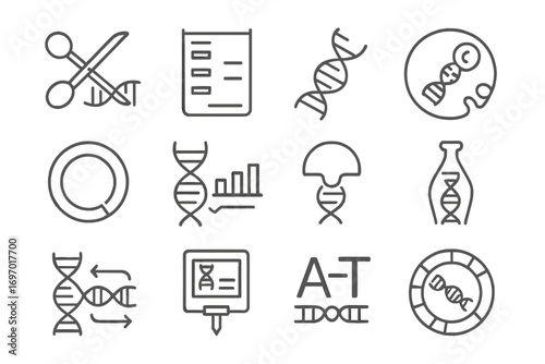Genetic Tools Icons. Line style icons of genetic tools in microbiology: gene editing scissors, DNA ladder gel, RNA strand, cloning