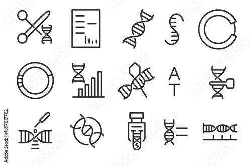 Genetic Tools Icons. Line style icons of genetic tools in microbiology: gene editing scissors, DNA ladder gel, RNA strand, cloning