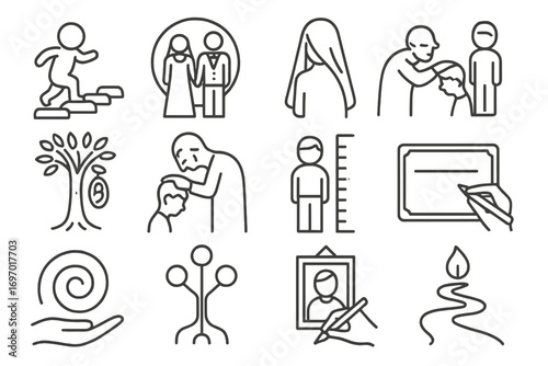 Life Stages Icons. Line style icons of ritual transitions and life stages: first step stone, marriage circle, death veil, birth