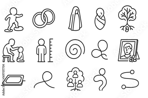 Life Stages Icons. Line style icons of ritual transitions and life stages: first step stone, marriage circle, death veil, birth