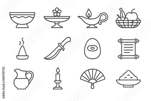Ritual Instruments Icons. Line style icons of ritual instruments and offerings: sacred bowl, offering tray, oil lamp, fruit basket