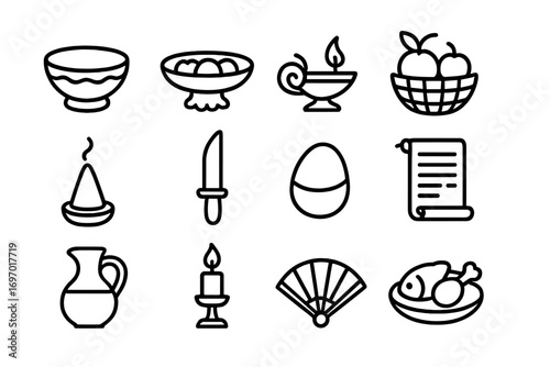 Ritual Instruments Icons. Line style icons of ritual instruments and offerings: sacred bowl, offering tray, oil lamp, fruit basket