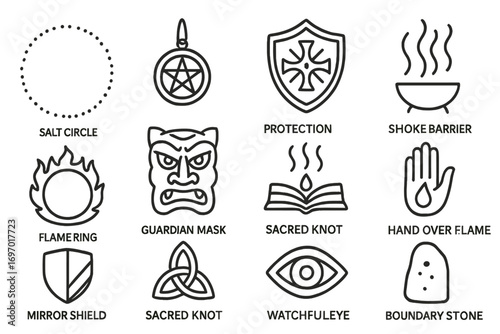 Protective Ritual Icons. Line style icons of protective and warding rituals: salt circle icon, protective amulet, spirit guard