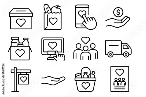 Charity Line Icons. Line style icons of donation and charity in disaster response: donation box, food donation bag, digital