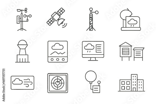 Weather Equipment Icons. Line style icons of forecasting and weather stations: field weather station, remote sensing satellite,