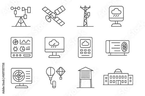 Weather Equipment Icons. Line style icons of forecasting and weather stations: field weather station, remote sensing satellite,