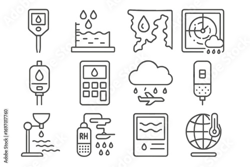 Weather Monitoring Tools. Line style icons of rainfall and humidity tools: humidity probe, rainfall accumulation board, moisture