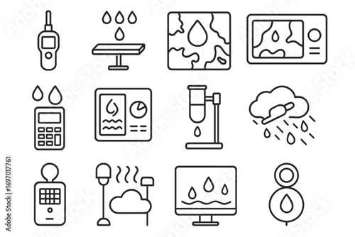 Weather Monitoring Tools. Line style icons of rainfall and humidity tools: humidity probe, rainfall accumulation board, moisture