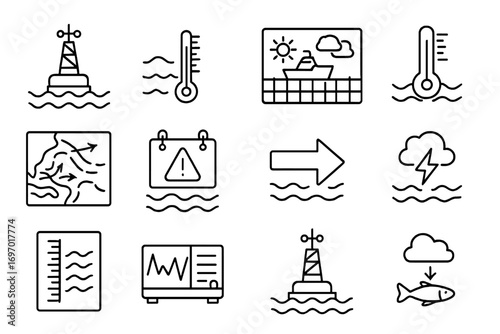 Marine Meteorology Icons. Line style icons of marine meteorology tools: buoy weather station, wave height meter, ship weather