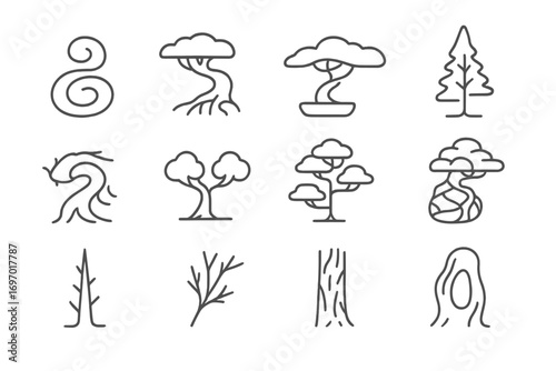 Bonsai Line Icons. Line style icons of bonsai tree shapes and features: thick trunk swirl, exposed root base, wide canopy form,