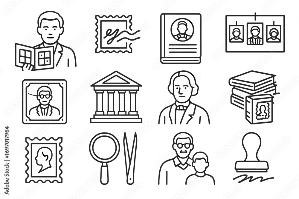 Fototapeta premium Philatelic Icons. Line style icons of famous philatelists and legacy: portrait icon with album, signed stamp card, collector