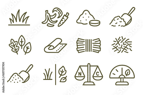 Compost Material Icons. Line style icons of green vs brown materials: grass clipping icon, vegetable peels, coffee grounds, manure