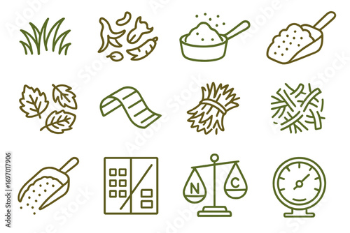Compost Material Icons. Line style icons of green vs brown materials: grass clipping icon, vegetable peels, coffee grounds, manure