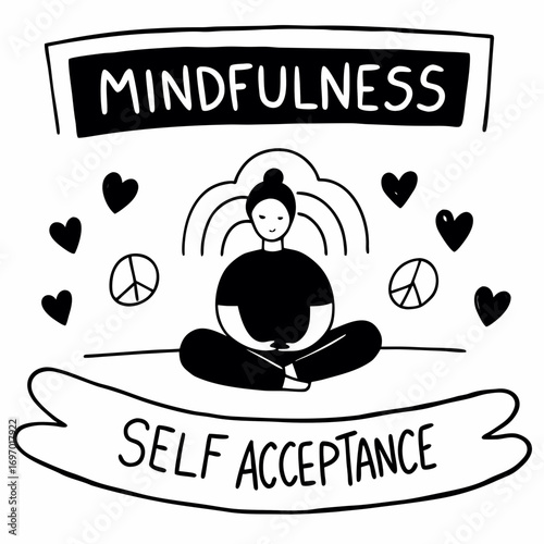 Creative hand drawn doodle vector illustration depicting mindfulness and self-acceptance concept