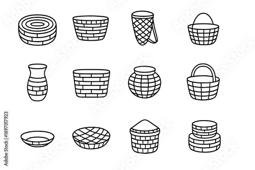 Traditional Basket Icons. Line style icons of traditional basket types: coiled basket, twined basket, flat tray basket, burden