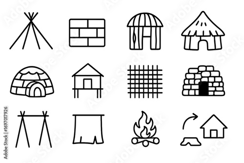 Indigenous Architecture Icons. Line style icons of indigenous architecture crafts: tipi structure, adobe wall texture, bark