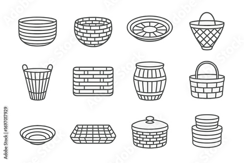 Traditional Basket Icons. Line style icons of traditional basket types: coiled basket, twined basket, flat tray basket, burden