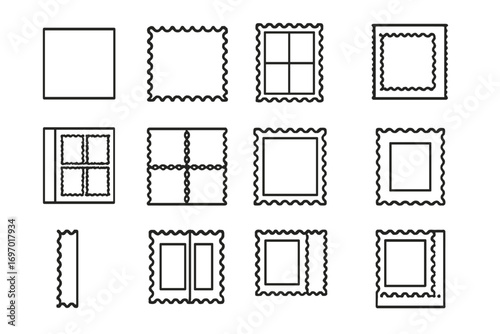 Stamp Format Icons. Line style icons of stamp formats and cuts: imperforate stamp, perforated edge stamp, block of four, coil