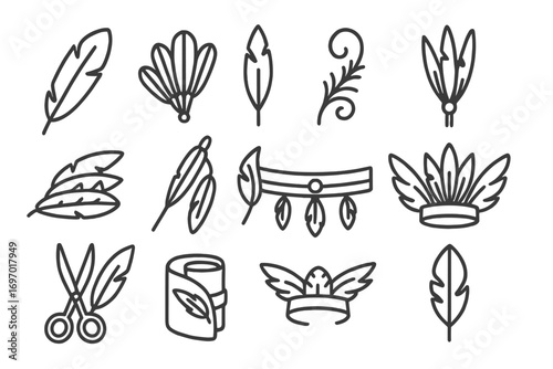 Feather Icon Collection. Line style icons of feather work: eagle feather icon, fan shape feather bundle, quill decoration,
