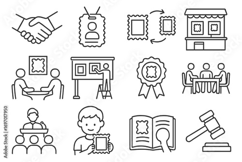 Stamp Club Icons. Line style icons of stamp club activities: collector handshake, club membership badge, stamp trading icon,