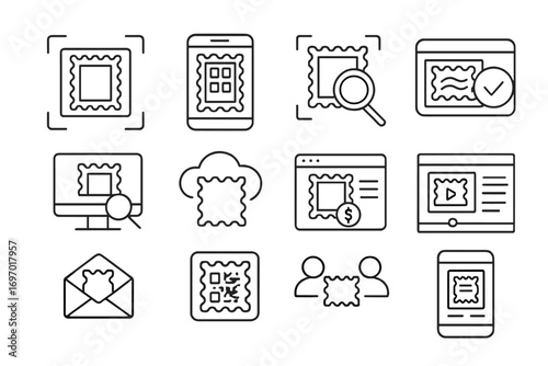 Digital Philately Icons. Line style icons of digital philately: stamp scan icon, mobile album app, online stamp ID tool, digital