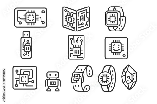 Compact Computing Icons. Line style icons of compact computing devices: credit-card PC, folding CPU unit, wrist-mounted computer,