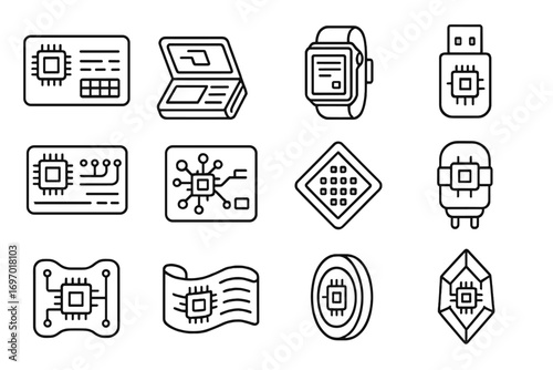 Compact Computing Icons. Line style icons of compact computing devices: credit-card PC, folding CPU unit, wrist-mounted computer,