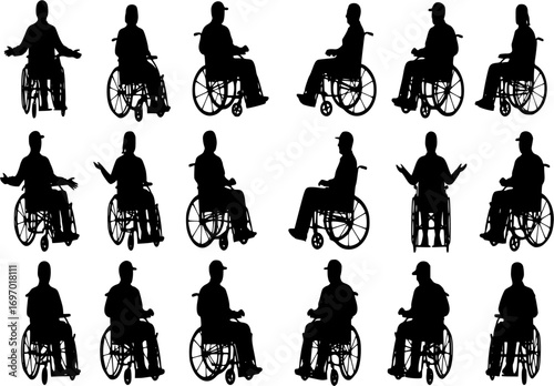 Group people in wheelchair different ages in various poses vector silhouette set collection
