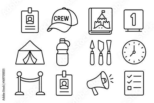 Sand Sculpture Essentials. Line style icons of event-based sand sculpting gear: show badge, crew hat, layout sketchbook, contest