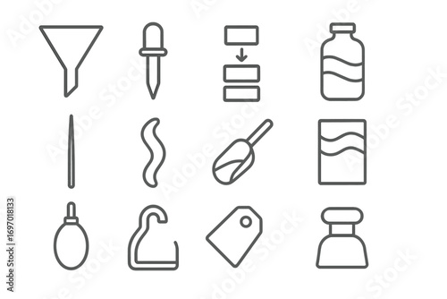 Sand Art Kit Icons. Line style icons of sand bottle layering kit: triangle funnel, pointed dropper, sequence chart, layer