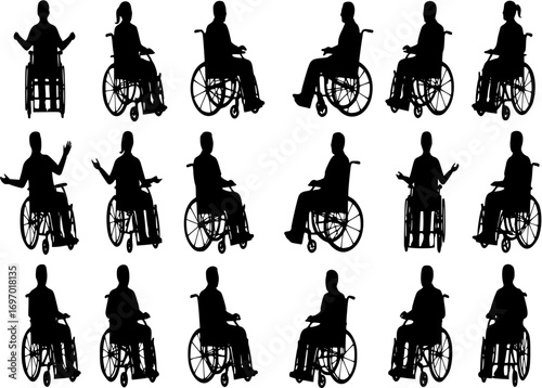 Group people in wheelchair different ages in various poses vector silhouette set collection
