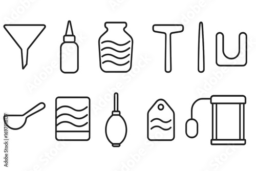 Sand Art Kit Icons. Line style icons of sand bottle layering kit: triangle funnel, pointed dropper, sequence chart, layer