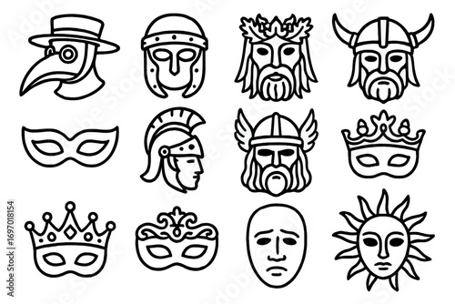 European Historical Masks. Line style icons of European historical masks: plague doctor mask, Roman gladiator mask, Celtic druid