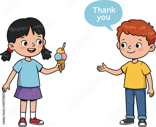 Cartoon, children, sharing, ice cream, thank you, kindness, gratitude, boy, girl, speech bubble, summer, treat, happy, interaction, friendship, colorful, vector, illustration, childhood, moment