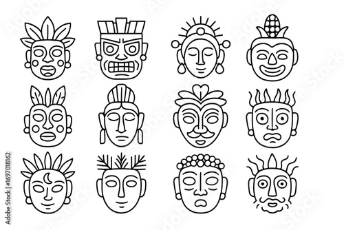Ritual Dance Masks Icons. Line style icons of ritual dance masks: fertility dance mask, war dance mask, healing ceremony mask,