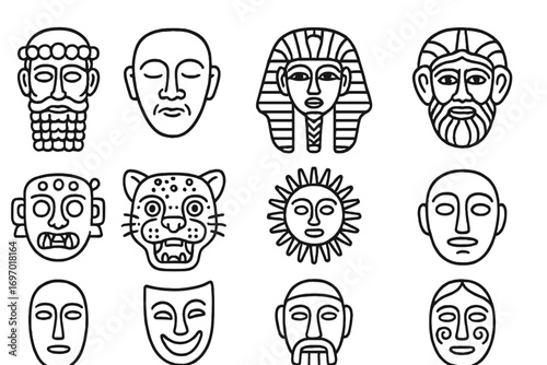 Ancient Mask Icons. Line style icons of ancient ceremonial masks: Sumerian mask, Etruscan death mask, Egyptian burial mask,