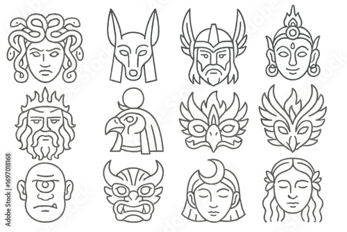 Mythical Mask Icons. Line style icons of masks in mythology: Medusa face mask, Anubis mask, Thor’s mask, Shiva dance mask,