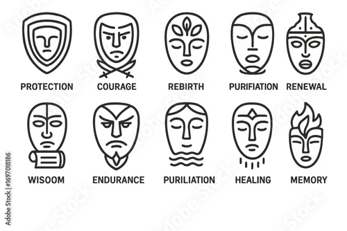 Mask Symbolism Icons. Line style icons of mask symbolism themes: protection symbol mask, courage emblem mask, rebirth sign mask,