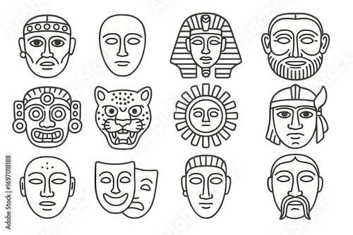 Ancient Mask Icons. Line style icons of ancient ceremonial masks: Sumerian mask, Etruscan death mask, Egyptian burial mask,