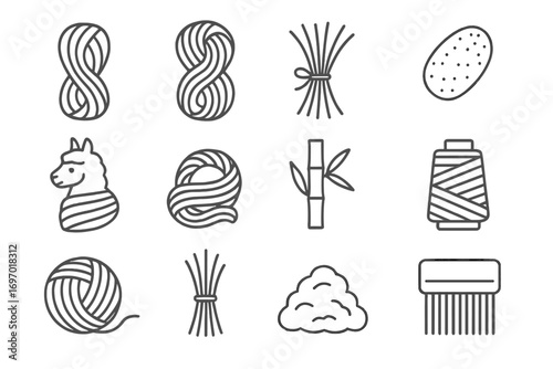 Fiber Type Icons. Line style icons of fiber types for dyeing: cotton skein, wool hank, linen bundle, silk cocoon, alpaca yarn,
