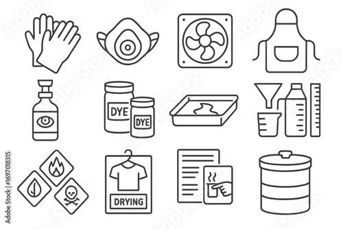 Natural Dye Safety Icons. Line style icons of natural dye safety: protective gloves, dye mask, ventilation fan, apron, eye wash