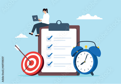 Flat illustration of productive businesswoman work on laptop with clipboard checklist alarm clock and bullseye target focusing project or time management