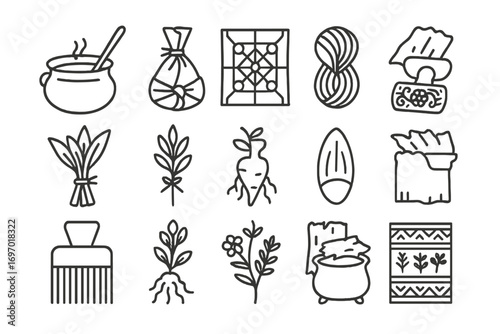 Traditional Dyeing Icons. Line style icons of traditional dyeing cultures: Indian dye pot, African leaf wrap, Japanese shibori