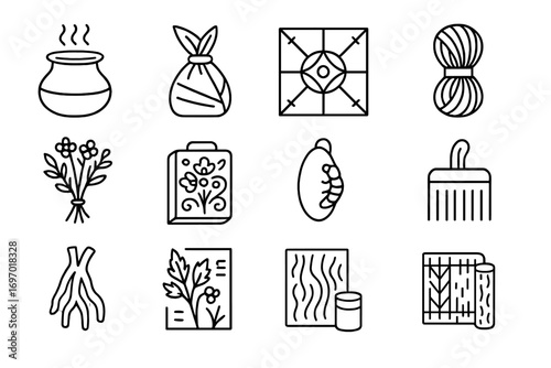 Traditional Dyeing Icons. Line style icons of traditional dyeing cultures: Indian dye pot, African leaf wrap, Japanese shibori