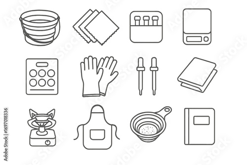 Eco-Dye Travel Kit Icons. Line style icons of eco-dye travel kits: folding dye pot, fabric samples, vial case, portable scale,